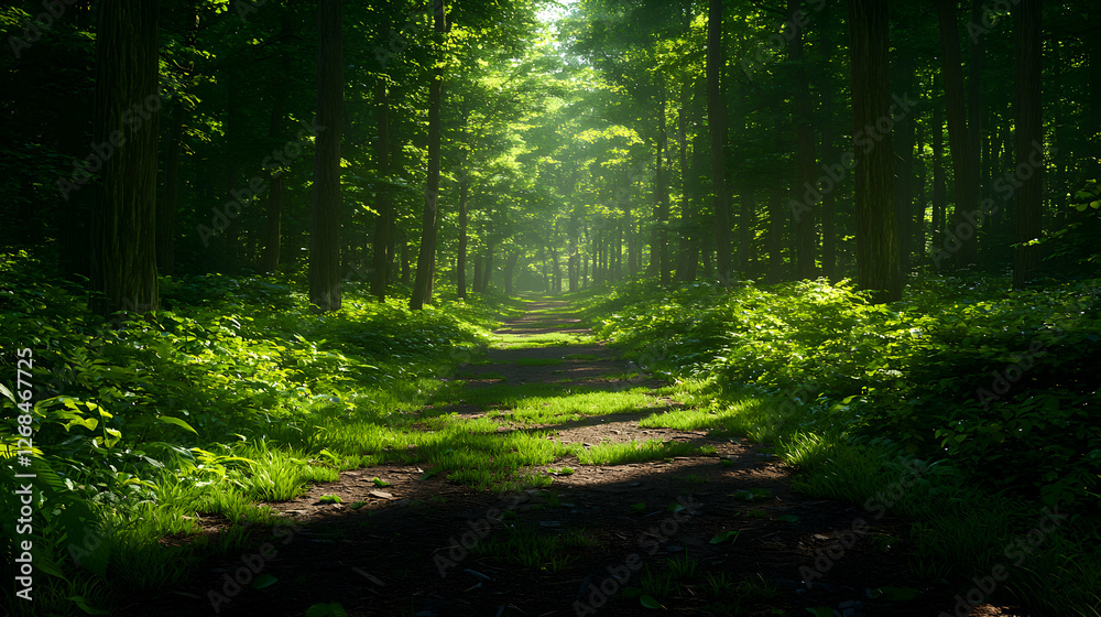 Obraz premium Sunlit Path Through Lush Green Forest