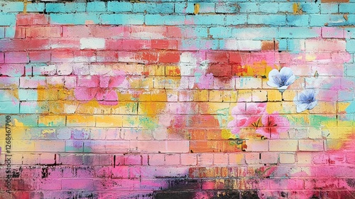 Vibrant Graffiti Art Abstract with Flowers on Brick Wall