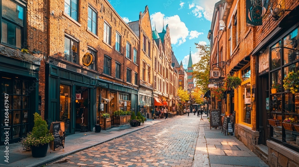 Fototapeta premium Charming Cobblestone Street in Vibrant Urban Neighborhood