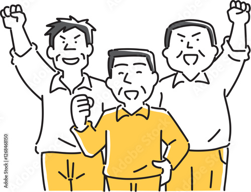 ガッツポーズをとる3人の中年男性