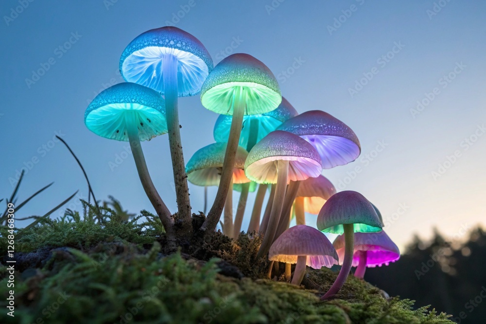 Fototapeta premium Colorful glowing mushrooms clusters on transparent background