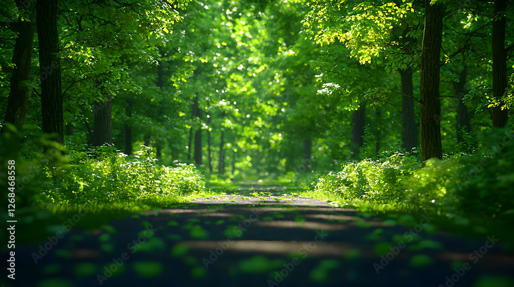 Sunlit Path Through Lush Green Forest Sunlit Path Through Lush Green Forest