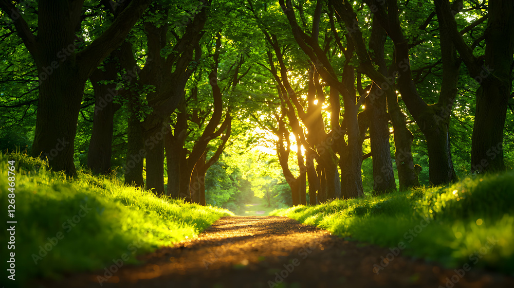 Naklejka premium Sunlit Path Through Lush Green Forest