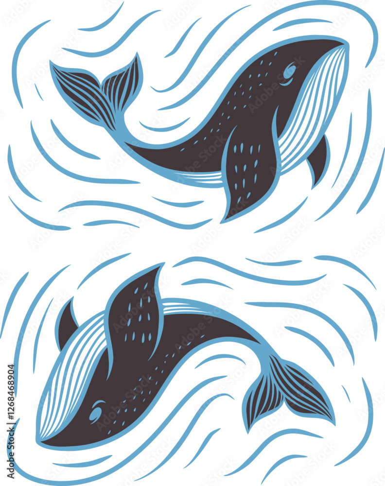 Fototapeta premium Majestic Black Whale Artwork with Flowing Blue Waves