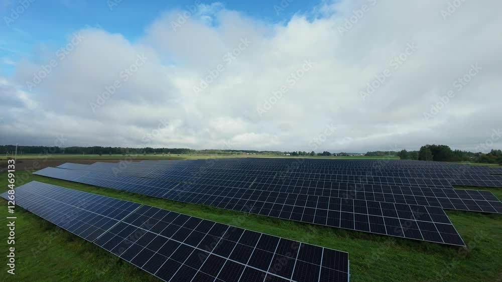 Aerial View of Solar Panel Farm in Green Countryside Drone shot of solar panel farm in lush green field under partly cloudy sky, showcasing sustainable energy in rural landscape Aerial View of Solar Panel Farm in Green Countryside Drone shot of solar panel farm in lush green field under partly cloudy sky, showcasing sustainable energy in rural landscape