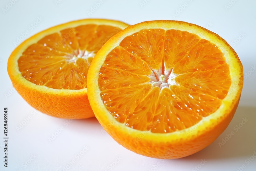 Fototapeta premium Freshly sliced orange reveals sweet and juicy interior against crisp white backdrop for vibrant culinary delight. Generative AI
