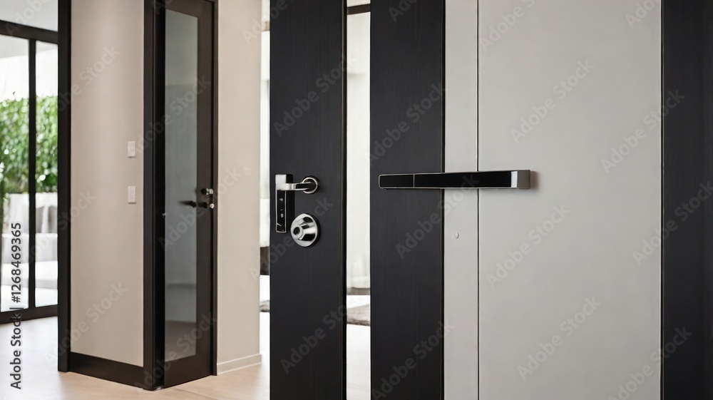 Modern door locks have several buttons and levers, with a sleek black metal appearance against a contemporary interior setting Modern door locks have several buttons and levers, with a sleek black metal appearance against a contemporary interior setting