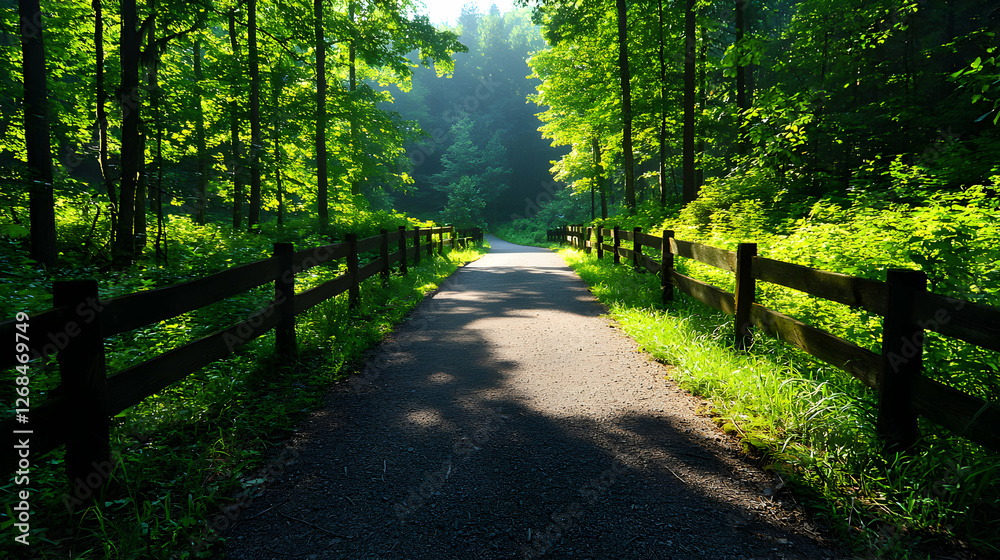 Fototapeta premium Sunlit Path Through Lush Green Forest