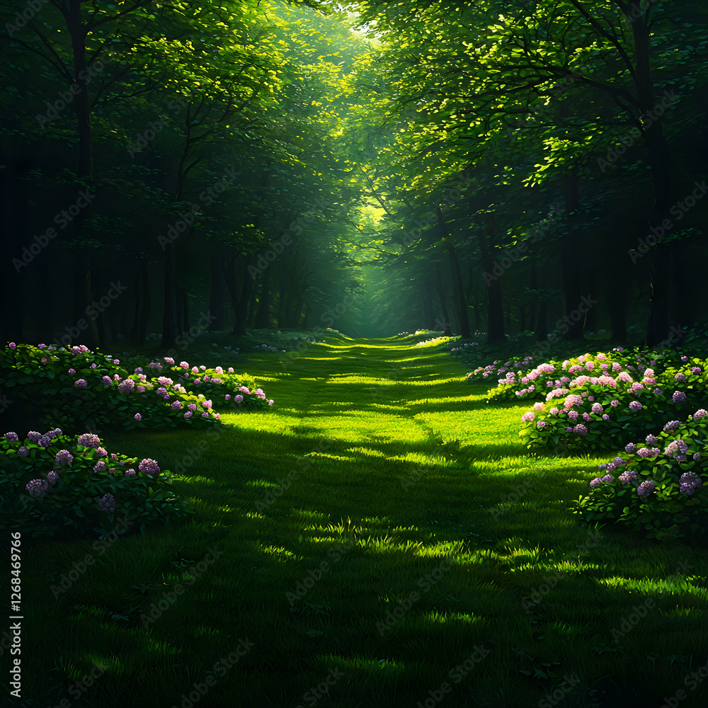 Obraz premium Sunlit Path Through Lush Green Forest
