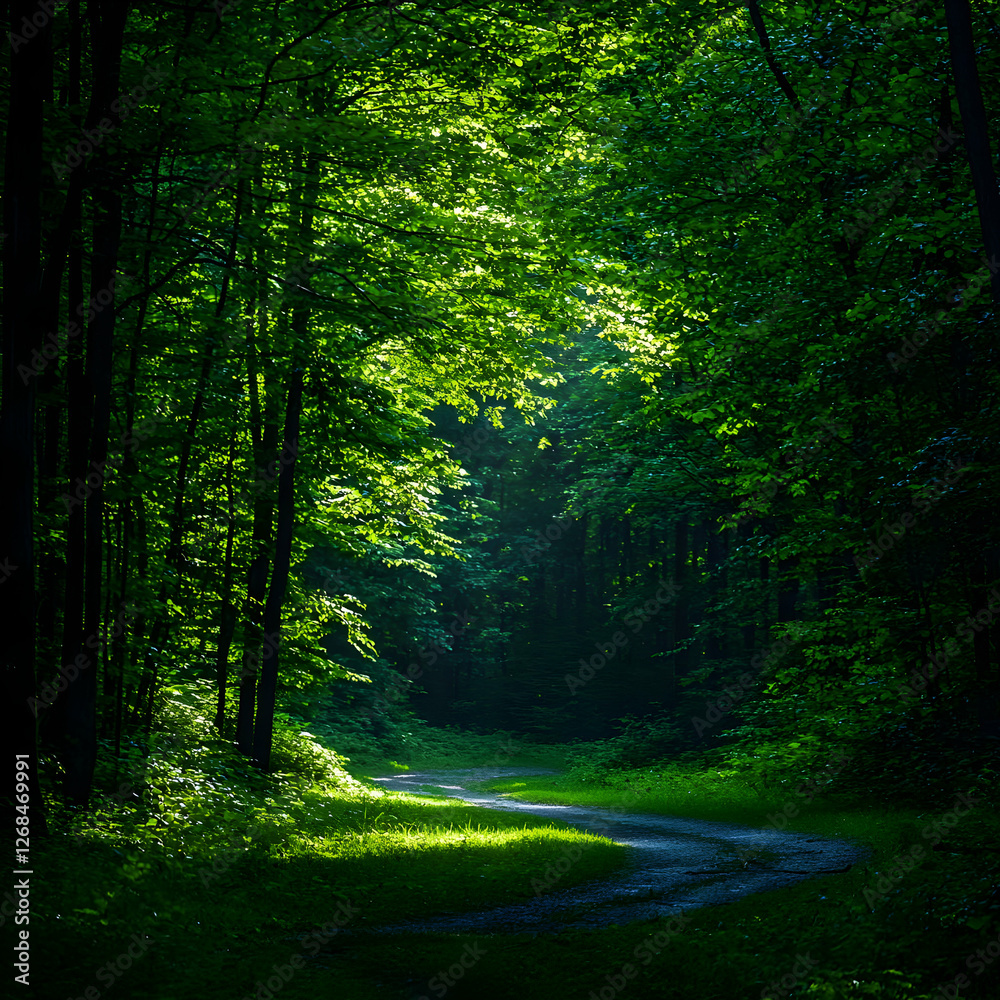 Fototapeta premium Sunlit Path Through Lush Green Forest
