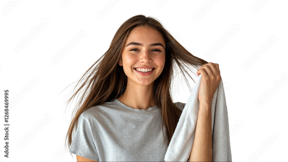 portrait of a woman wearing a simple grey t-shirt and towel draped around her shoulders, smiling happily, isolated on a white background portrait of a woman wearing a simple grey t-shirt and towel draped around her shoulders, smiling happily, isolated on a white background