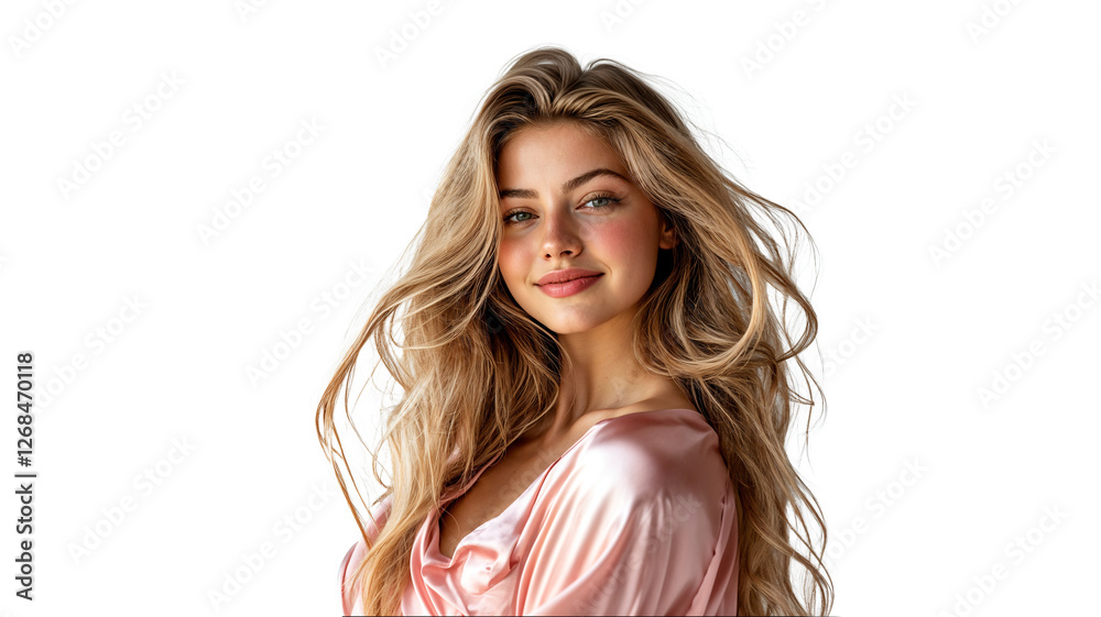 portrait of a young woman with long blonde hair, wearing a pink silk robe, smiling gently, isolated on a white background portrait of a young woman with long blonde hair, wearing a pink silk robe, smiling gently, isolated on a white background