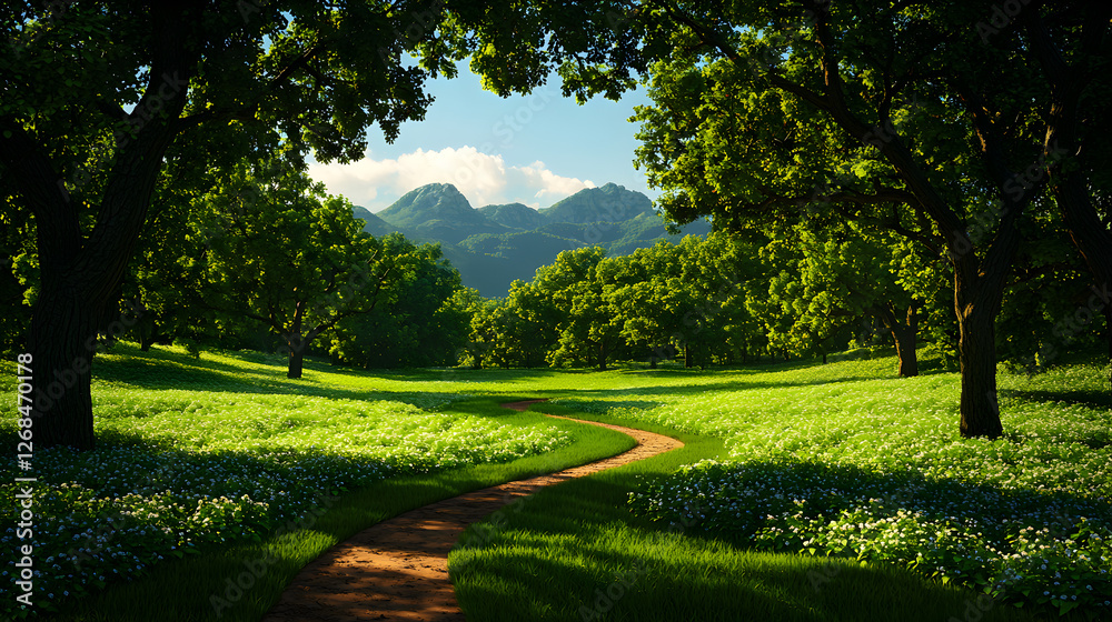 Fototapeta premium Sunlit Path Through Lush Green Forest Meadow