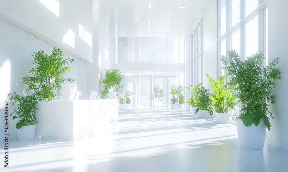 Serene Modern Office Lobby: Sunlight Streaming Through Glass Walls, Accentuated by Lush Greenery Serene Modern Office Lobby: Sunlight Streaming Through Glass Walls, Accentuated by Lush Greenery