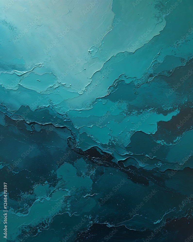 abstract painting with a textured surface, predominantly featuring shades of teal and turquoise. The style is impressionistic, with a blend of colors creating a sense of depth and movement.