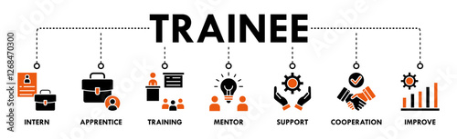 Trainee banner web icon vector illustration concept for internship training and learning program apprenticeship with an icon of intern, apprentice, training, mentor, support, cooperation and improve