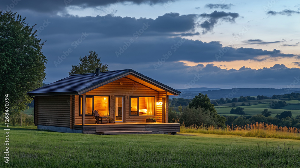 Obraz premium A small wooden log cabin in the countryside at dusk, with warm lights glowing from inside, surrounded by lush green fields and tall trees. The dark blue sky and clouds above add to the cozy and inviti