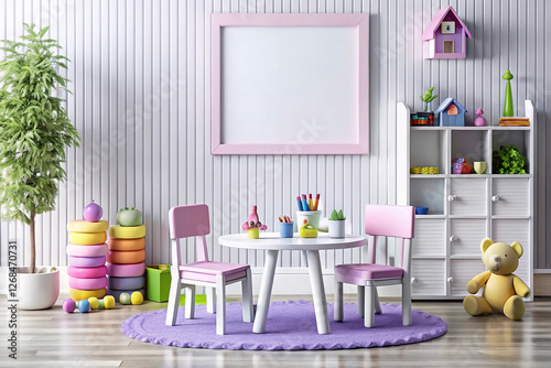 Child's room, play area, pastel decor, blank frame, mockup