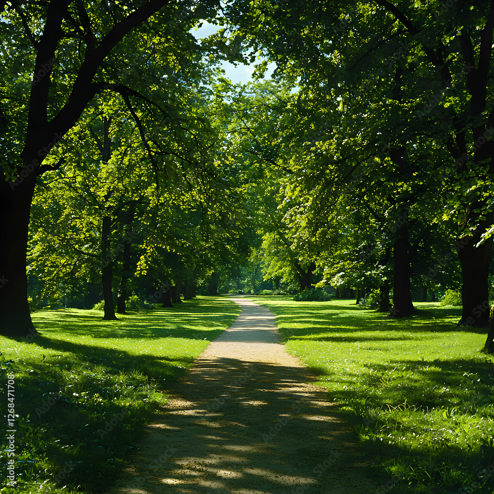 Obraz premium Sunlit Path Through Lush Green Trees in a Park