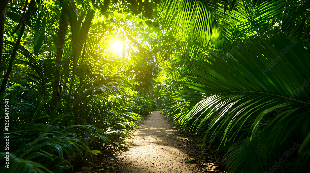 Sunlit Path Through Lush Green Tropical Jungle Sunlit Path Through Lush Green Tropical Jungle
