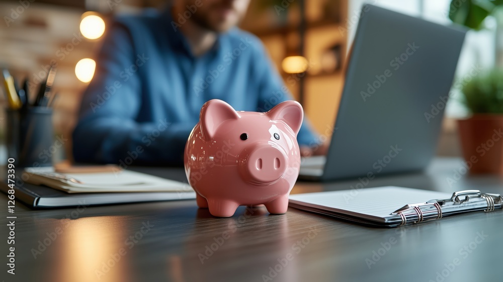 Focused professional with laptop and piggy bank represents financial planning, saving money, and budgeting in a modern office setting Focused professional with laptop and piggy bank represents financial planning, saving money, and budgeting in a modern office setting