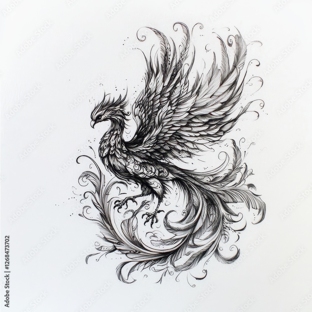 Intricate Phoenix Rising Design from Flames with Detailed Features Intricate Phoenix Rising Design from Flames with Detailed Features
