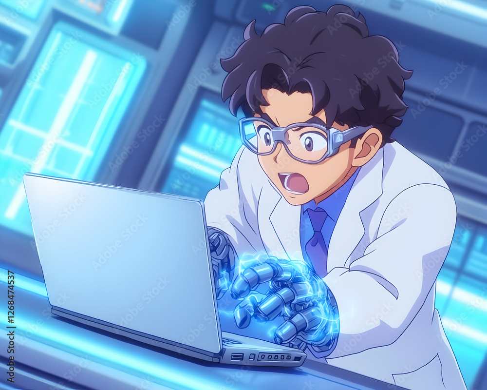 Animated boy scientist with robotic arm working on laptop in lab Animated boy scientist with robotic arm working on laptop in lab