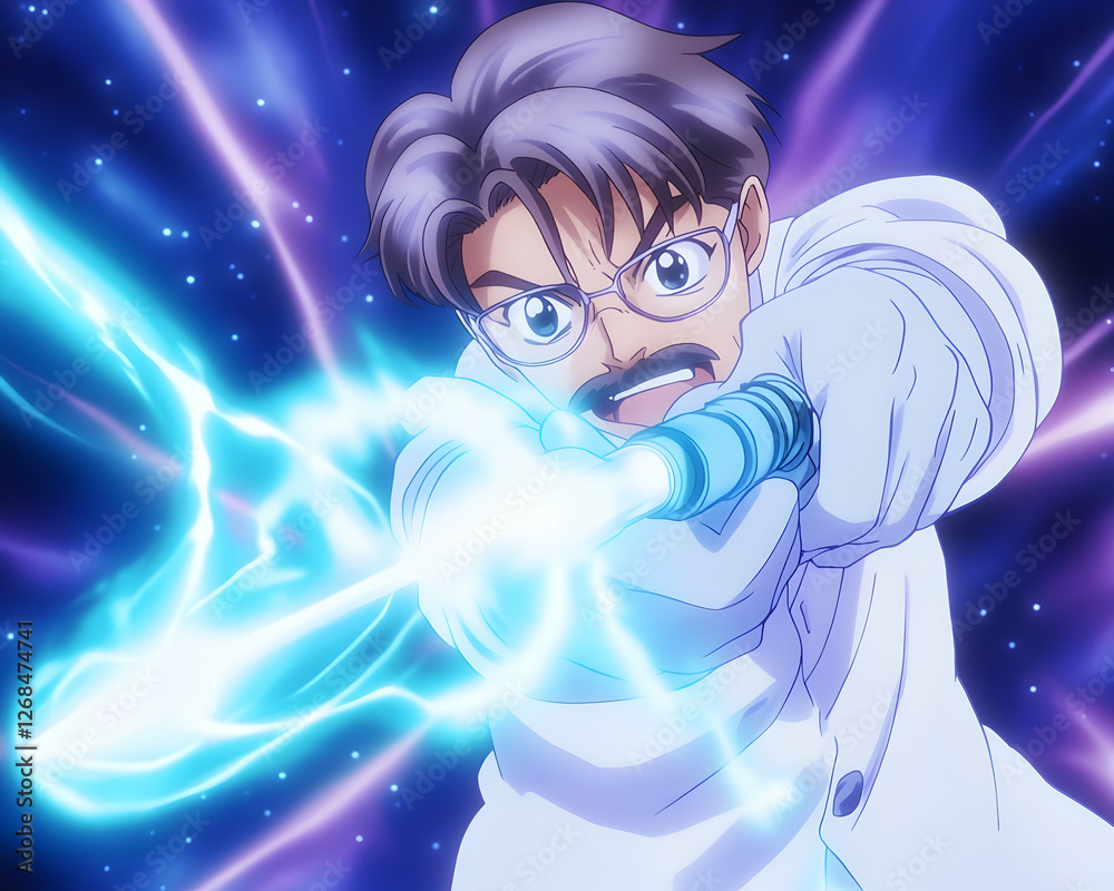 Animated scientist, cosmic energy, powerful blast, background nebula, possible use in animation, science fiction, or educational materials Animated scientist, cosmic energy, powerful blast, background nebula, possible use in animation, science fiction, or educational materials