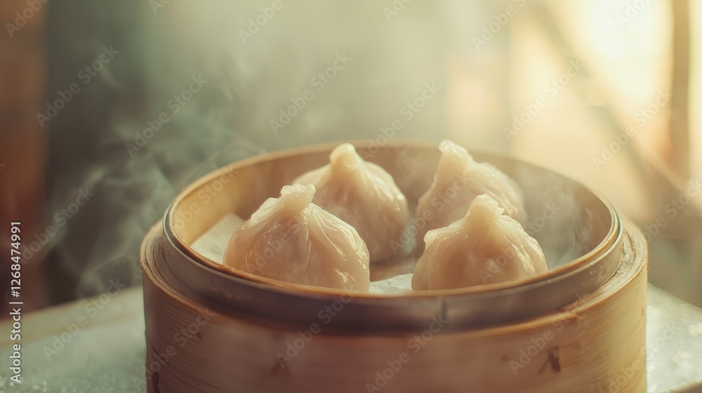 Steaming dumplings sit in a bamboo steamer basket Steaming dumplings sit in a bamboo steamer basket