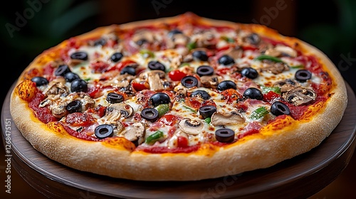Pizza with black olives and mushrooms, softly blurred green plants in the background.