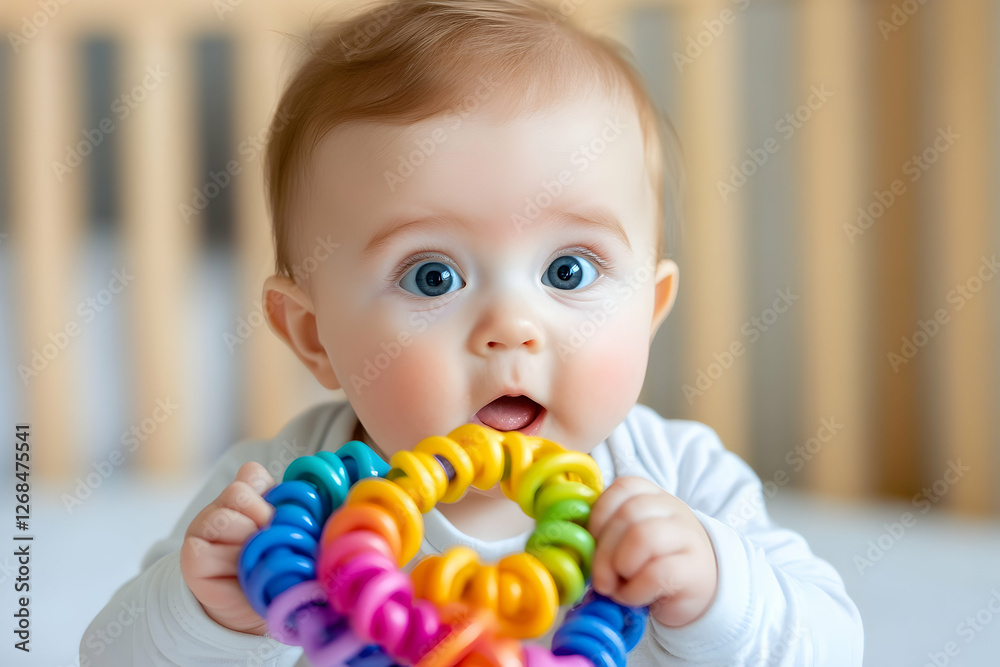Obraz premium Baby playing with colorful ring toy in crib