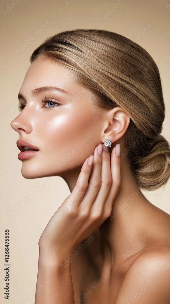 Elegant beauty portrait highlighting radiant skin and sophisticated jewelry Elegant beauty portrait highlighting radiant skin and sophisticated jewelry