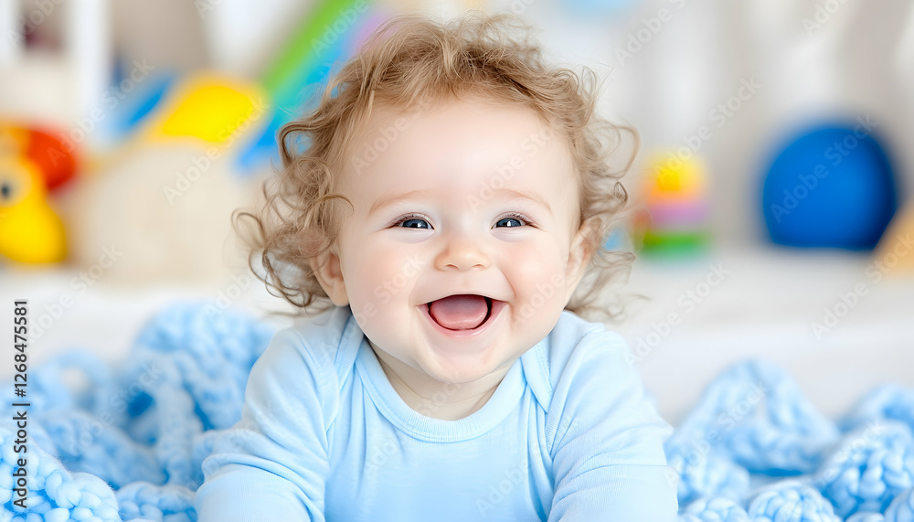 Baby Smiles Joyfully Amidst Toys, Indoor Setting. Possible Use Infant imagery for use in children's product advertising, greeting cards, or childcare content Baby Smiles Joyfully Amidst Toys, Indoor Setting. Possible Use Infant imagery for use in children's product advertising, greeting cards, or childcare content