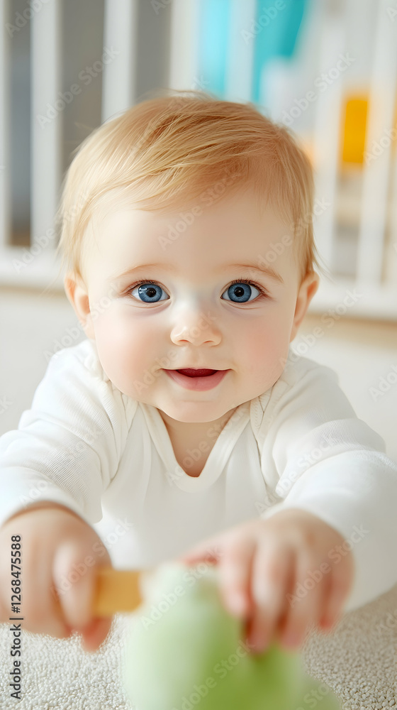 Baby reaching for toy, smiling, indoor, adorable, possible use baby product advertisement, childcare Baby reaching for toy, smiling, indoor, adorable, possible use baby product advertisement, childcare
