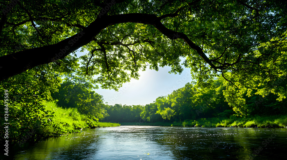 Sunlit River in Lush Green Forest Sunlit River in Lush Green Forest