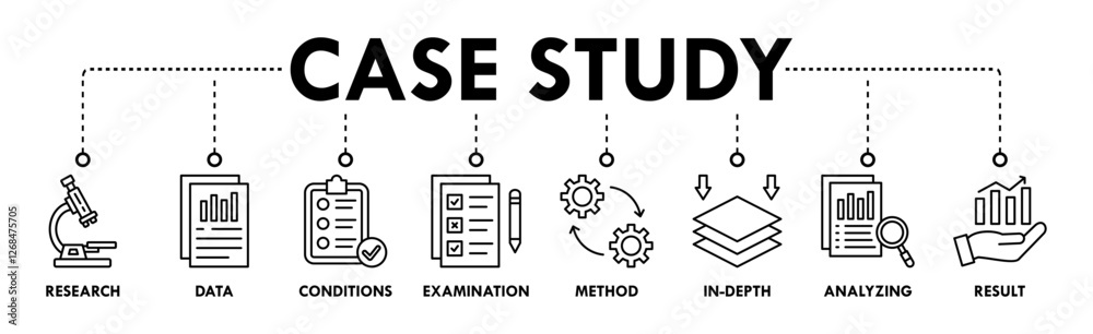 Case study banner web icon vector illustration concept with icon of research, data, conditions, examination, method, in-depth, analyzing, and result Case study banner web icon vector illustration concept with icon of research, data, conditions, examination, method, in-depth, analyzing, and result
