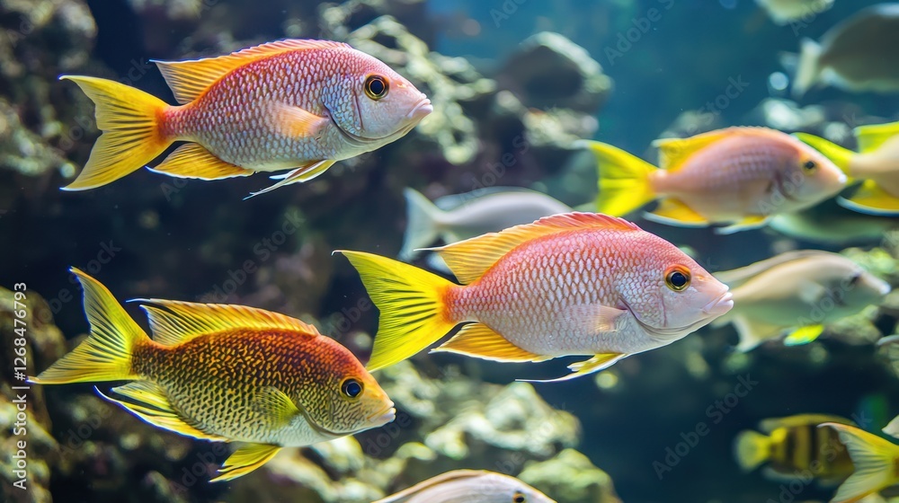 Fototapeta premium a school of tropical fish, showcasing their vibrant colors and intricate patterns in clear waters.