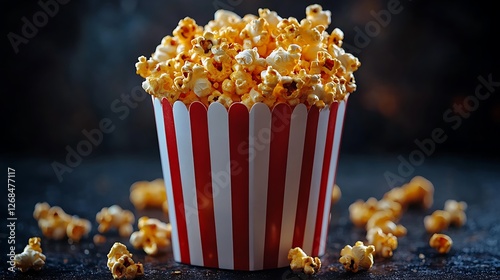 Popcorn in a striped red and white container. photo