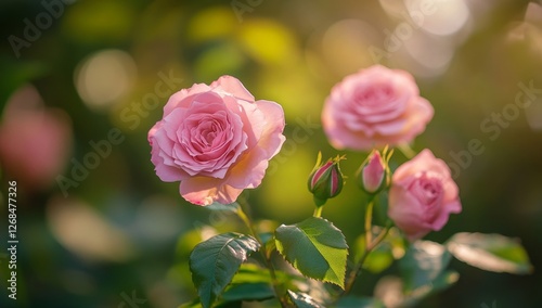 Fototapeta Naklejka Na Ścianę i Meble -  Pink roses blooming garden sunset bokeh background (1)