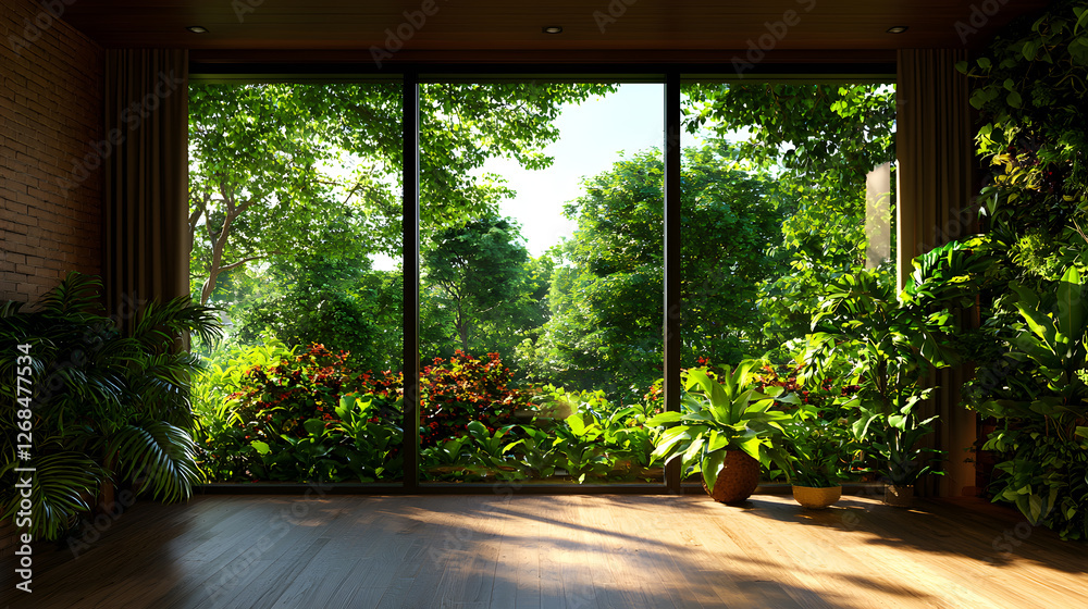Sunlit Room with Lush Greenery and Panoramic Nature View Sunlit Room with Lush Greenery and Panoramic Nature View