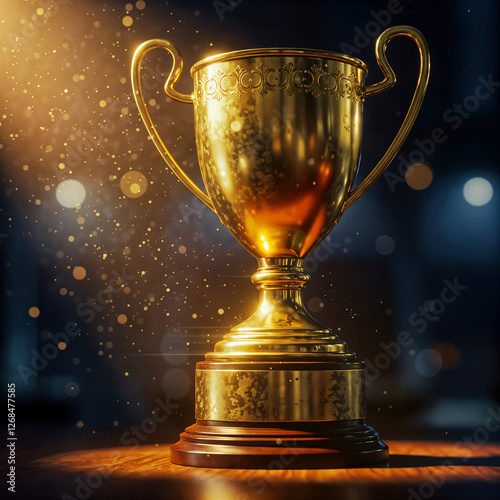 Elegant Golden Trophy with Ornate Handles and Sparkling Bokeh in Dramatic Lighting