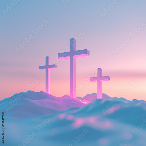 serene landscape featuring three glowing crosses on snowy terrain, illuminated by soft pastel colors during sunset, evoking sense of peace and reflection