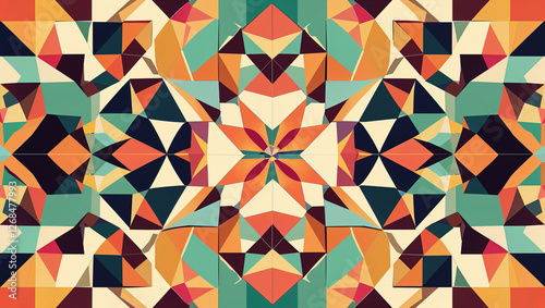 Fototapeta Naklejka Na Ścianę i Meble -  Colorful geometric abstract pattern with symmetrical design featuring triangles and polygonal shapes in vibrant tones