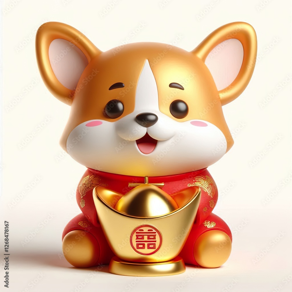 Naklejka premium 3D Chinese New Year cute gold red happy lucky Corgi dog character holds an Ingot on a white background