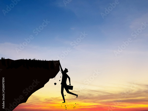 Businessman falls off a cliff, business crisis concept