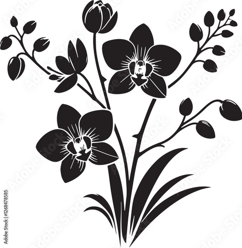 Black Color Orchids Silhouette Vector Illustration design, Solid White Background