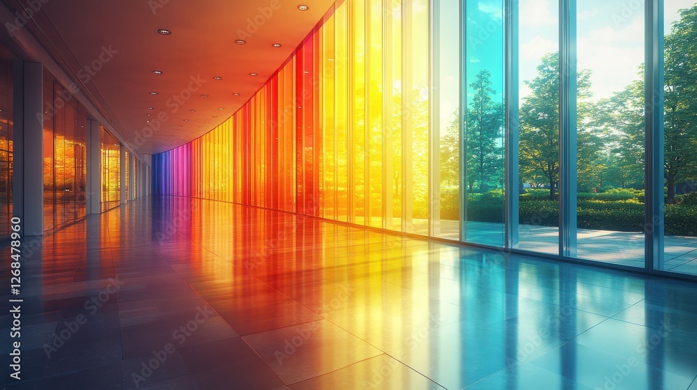 Fototapeta premium Vibrant Glass Wall with Colorful Reflections in Modern Interior Space