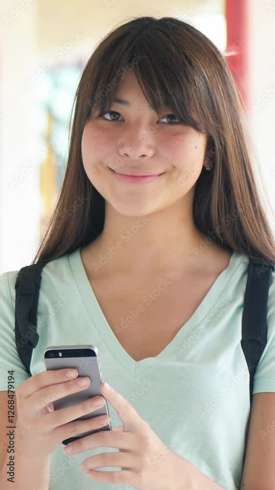 Asian teenager in the high school hallway. Vertical Video Asian teenager in the high school hallway. Vertical Video