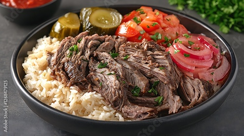 Shawarma plate with rice and pickled vegetables. photo