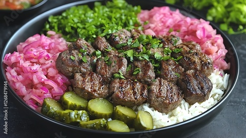 Shawarma plate with rice and pickled vegetables. photo
